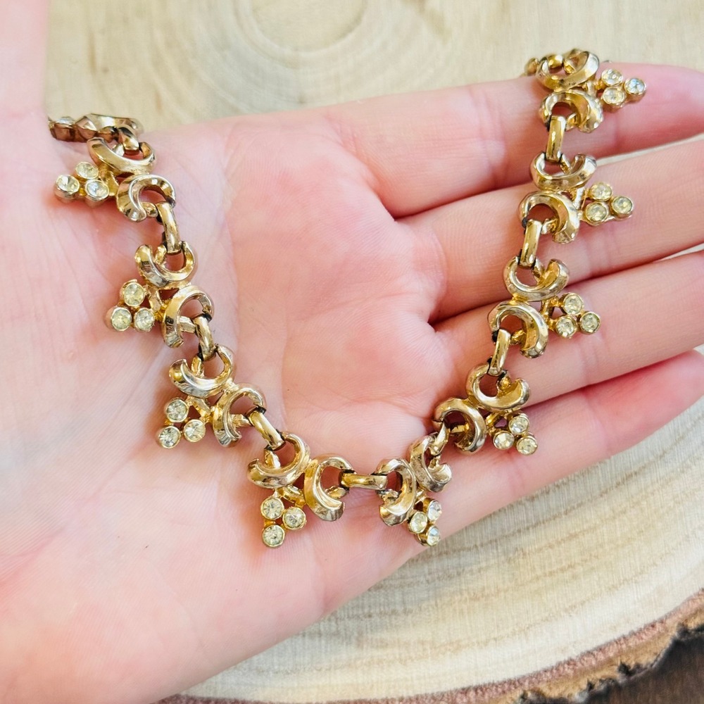 Coro Signed Necklace VTG Collar Choker Gold link‎ rhinestone crystal elegant 14"